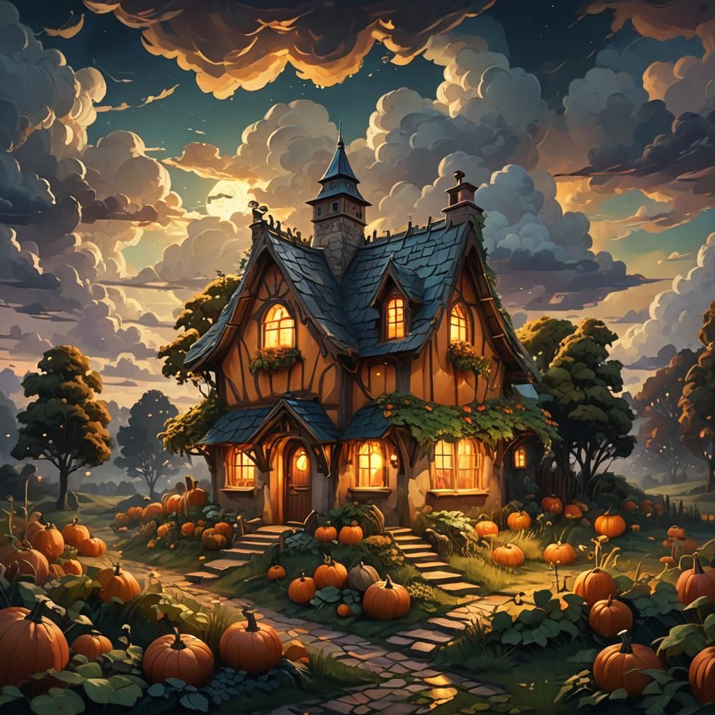 Illuminated Pumpkin Cottage Concept Art at Night