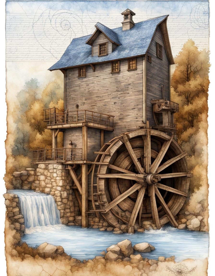 Grist Mill Blueprint in Da Vinci Style
