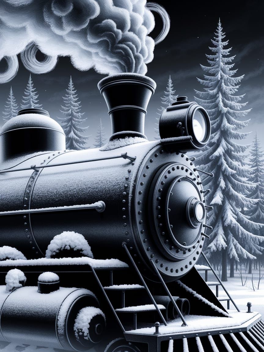 Winter Train Steam Charcoal Drawing