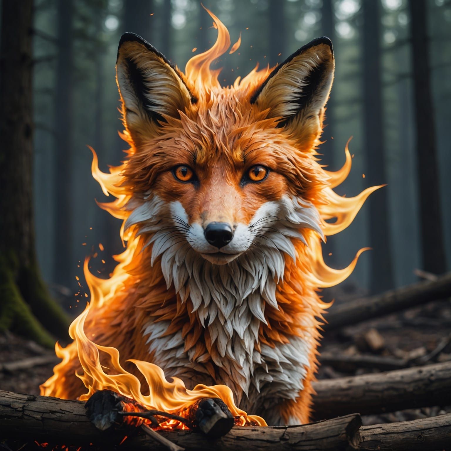 Flaming Fox Emerges from Campfire in Photorealistic Ethereal...