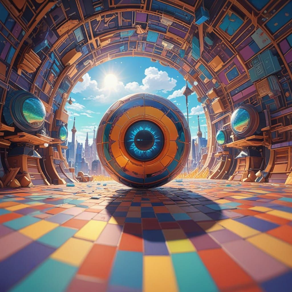 Vibrant Anime Concept Art with Tessellated Patterns and Fish...