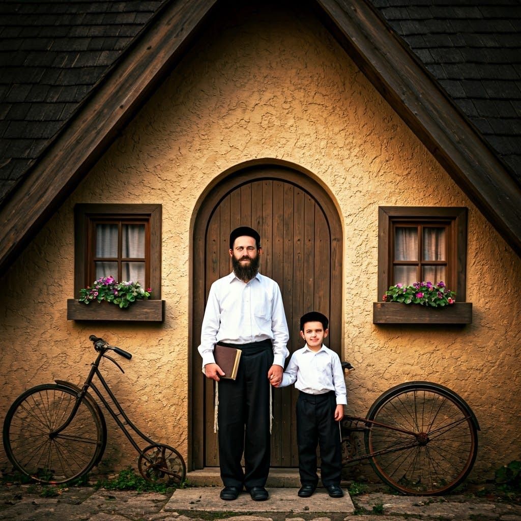 Haredi Man and Boy in Sunny Rustic Scene