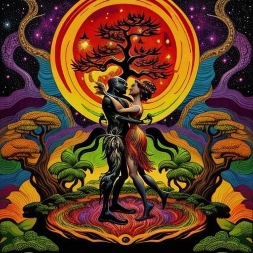 Creature Dancing Before Tree in Psychedelic Art