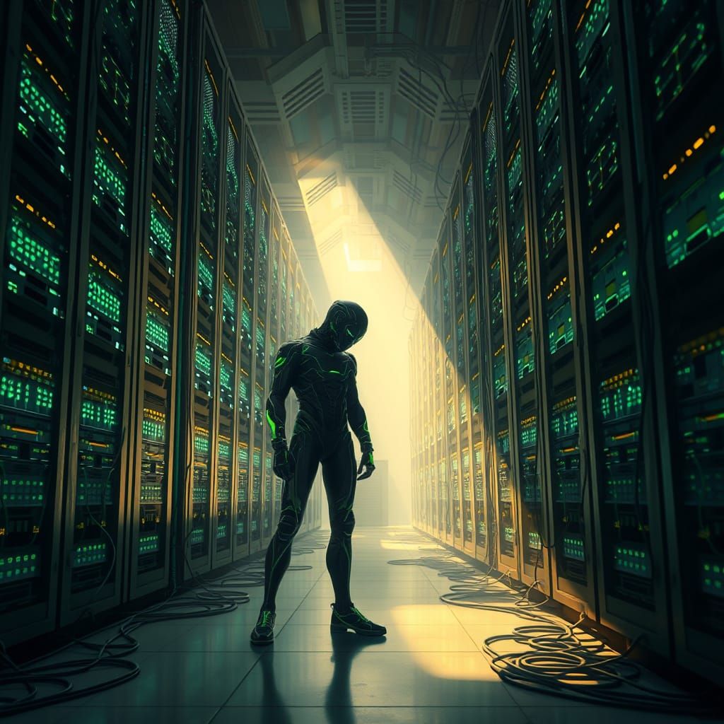 Cyberpunk Server Room Programmer in Eerie Serenity