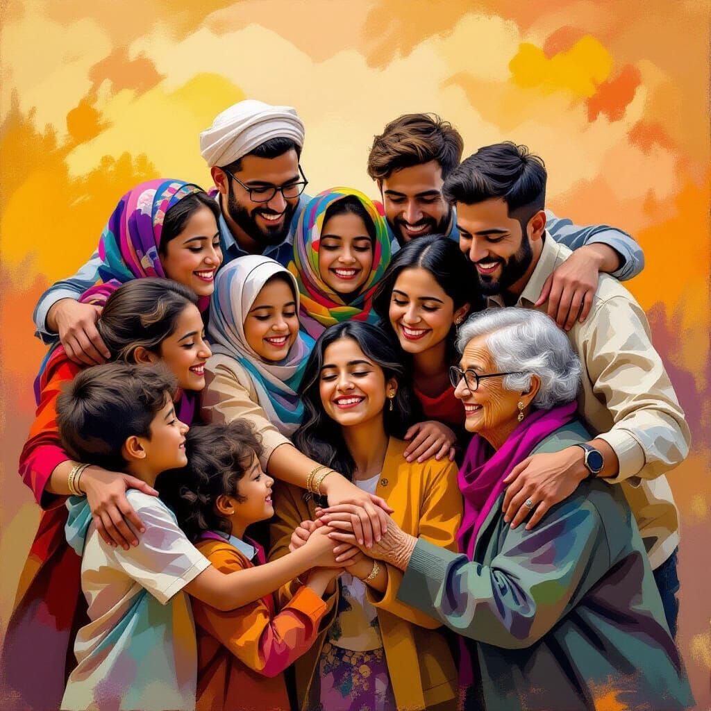 Diverse Group Embracing in Expressive Art Style