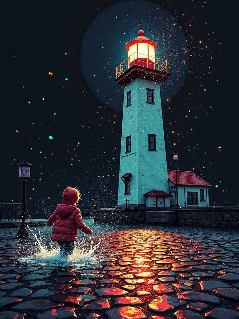 Childhood Lighthouse Scene in Glitch Art Style