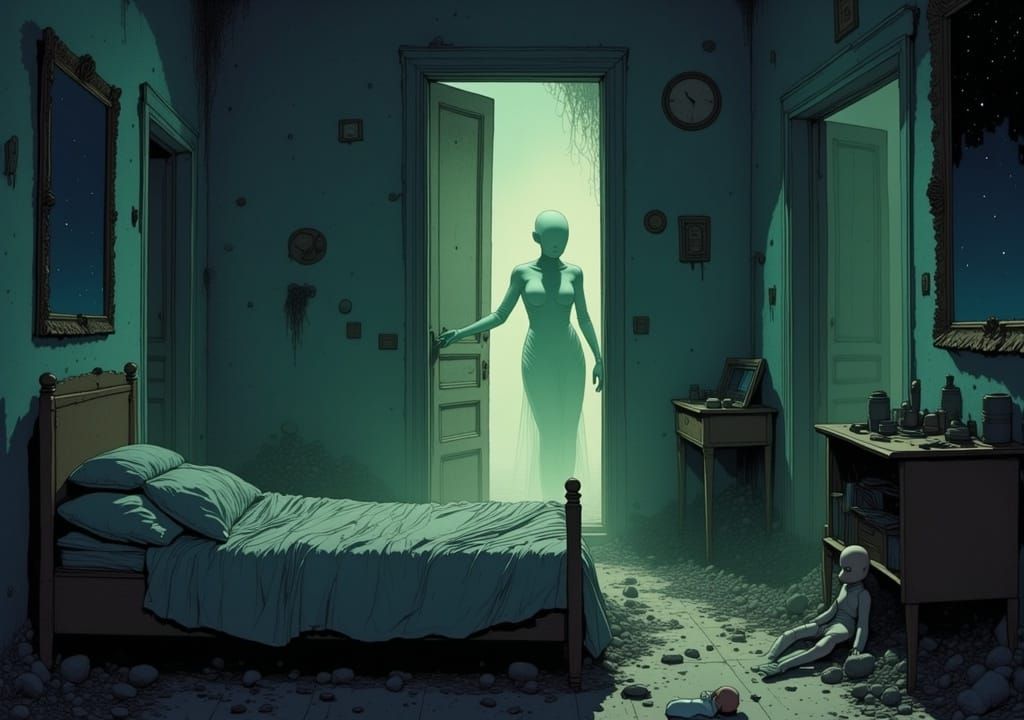 Ethereal Phantom in Abandoned House, Moebius Style