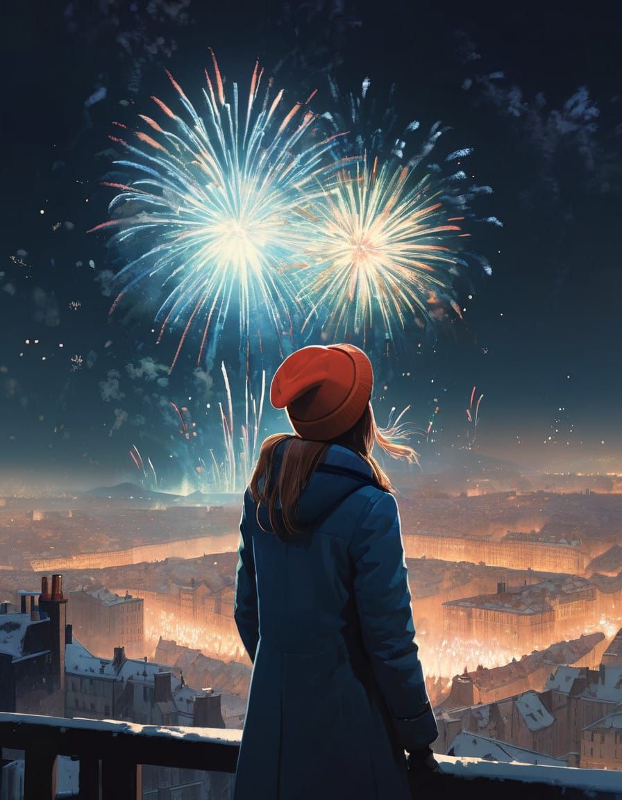 Vibrant New Year's Eve Fireworks Display in Futuristic Style