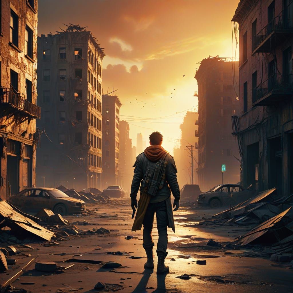 Post-Apocalyptic Survivor in Ruined Cityscape