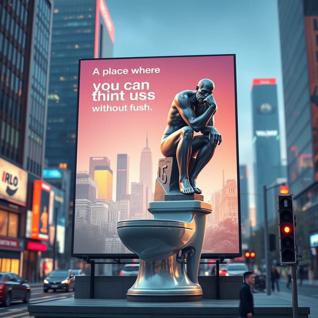 Vibrant Anime-Inspired Thinker Billboard in the City