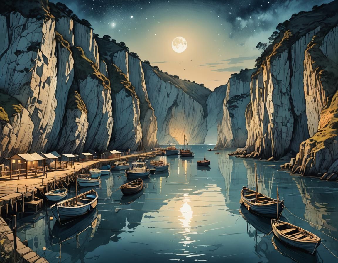 Moonlit Harbour with Chalk Cliffs, Digital Watercolour