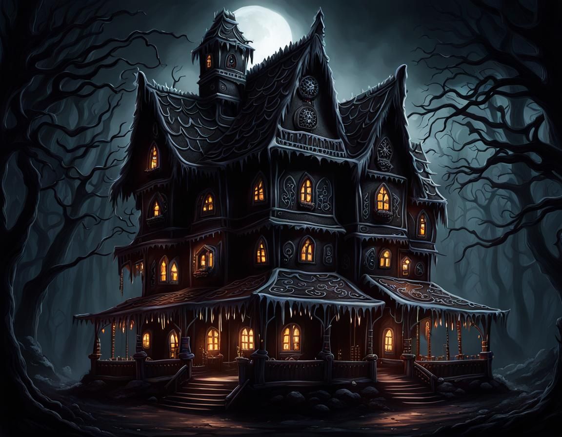 Creepy Witch's Gingerbread House in Dark Fantasy Art