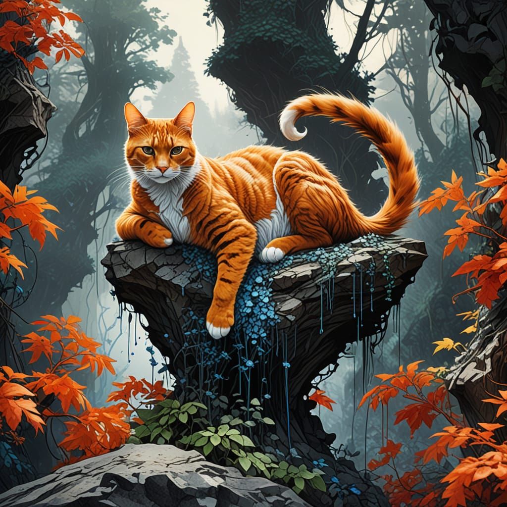 Elegant Cat in Forest: Surreal Ink Sketch Drawing