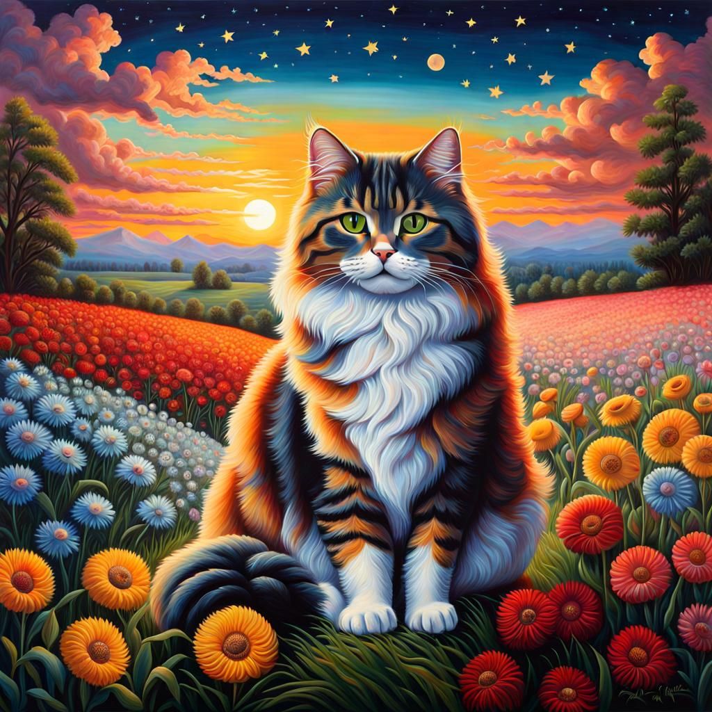 Colorful Siberian Cat Oil Painting in Pop Surrealism Style