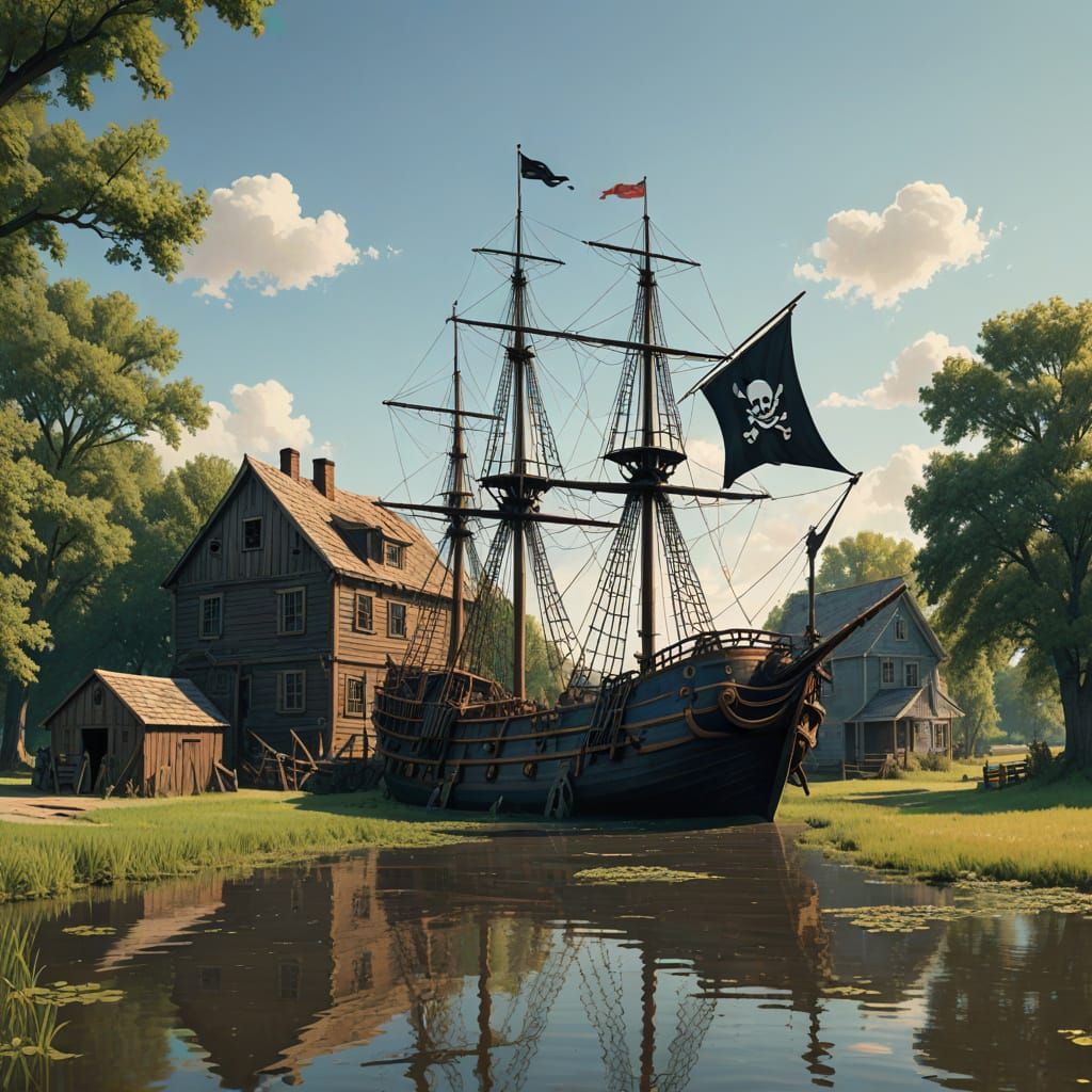 Pirate Ship Sails Iowa River: Photorealistic Digital Paintin...