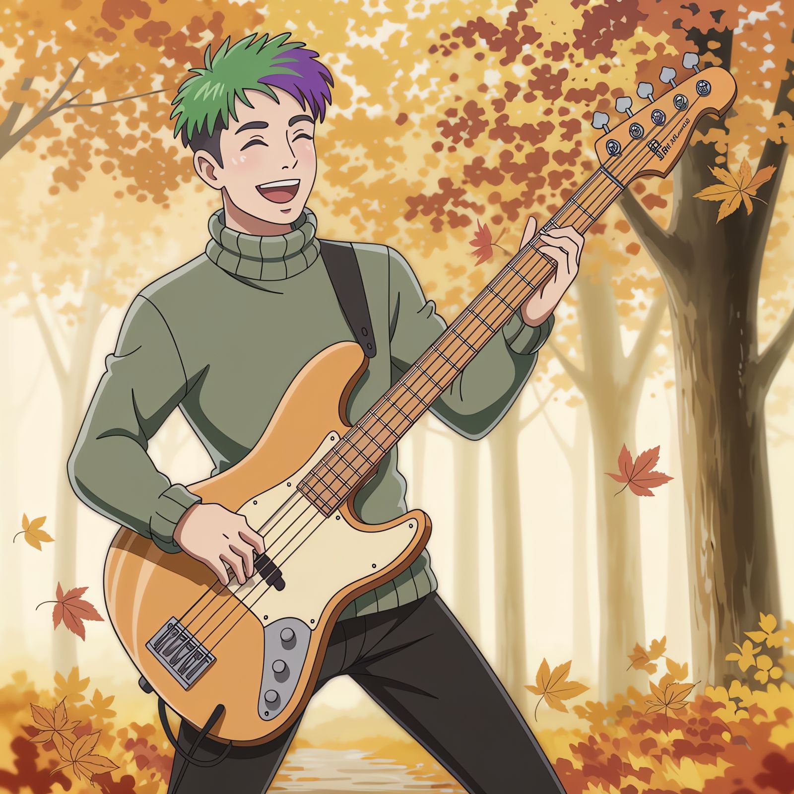 Anime Man with Green Hair Plays Bass in Autumn Forest