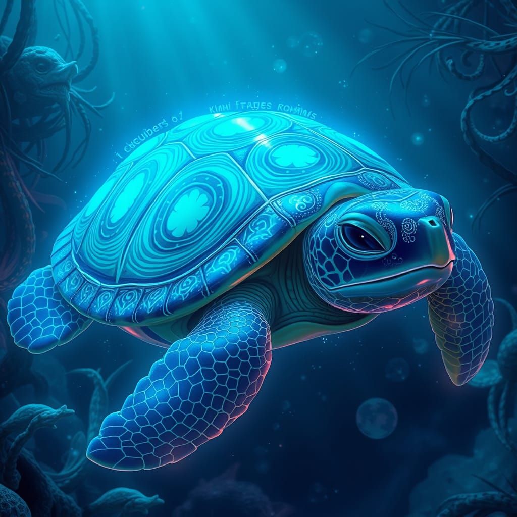 Bioluminescent Turtle Drifting in Ethereal Underwater World