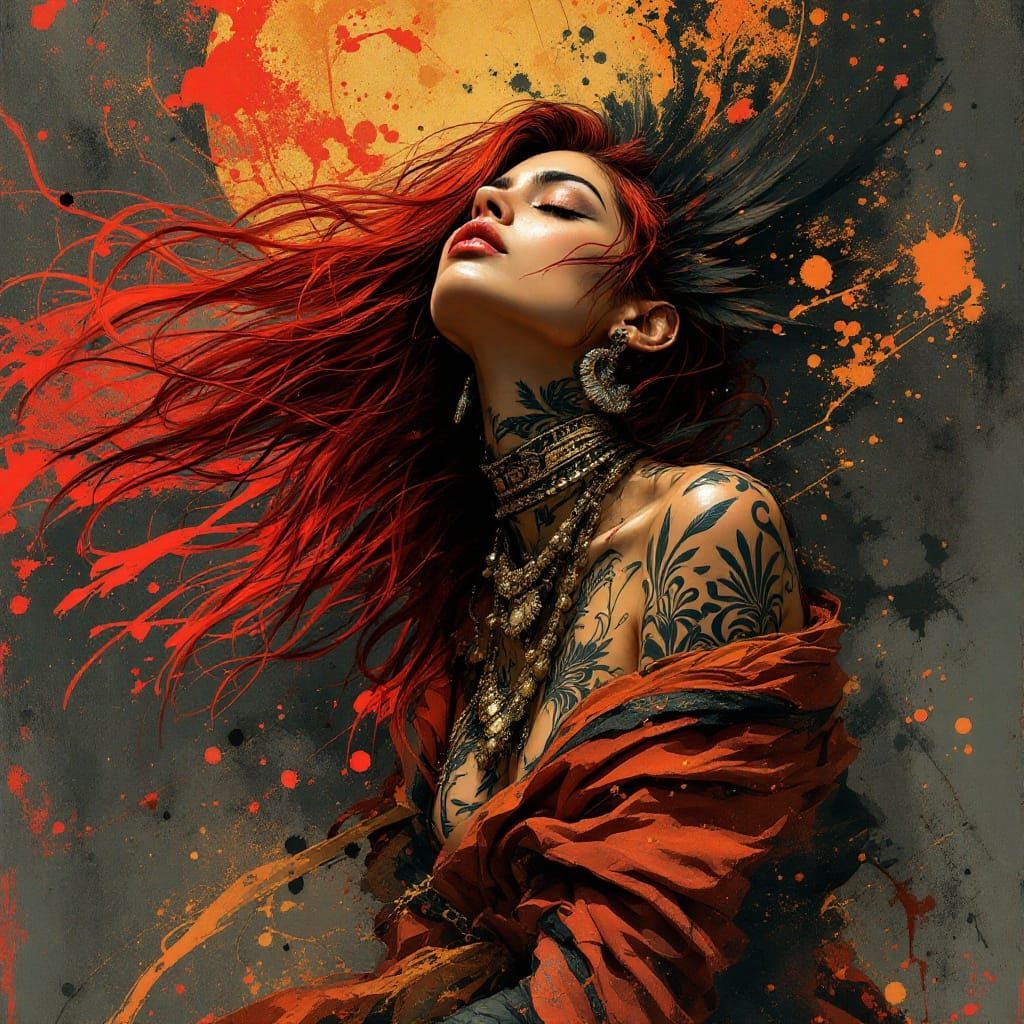 Serene Latina Warrior in Stormy Urbanpunk Landscape