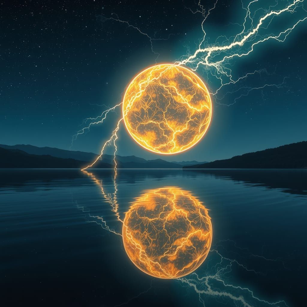 Ball Lightning Over Starry Lake: Futuristic Sci-Fi Art