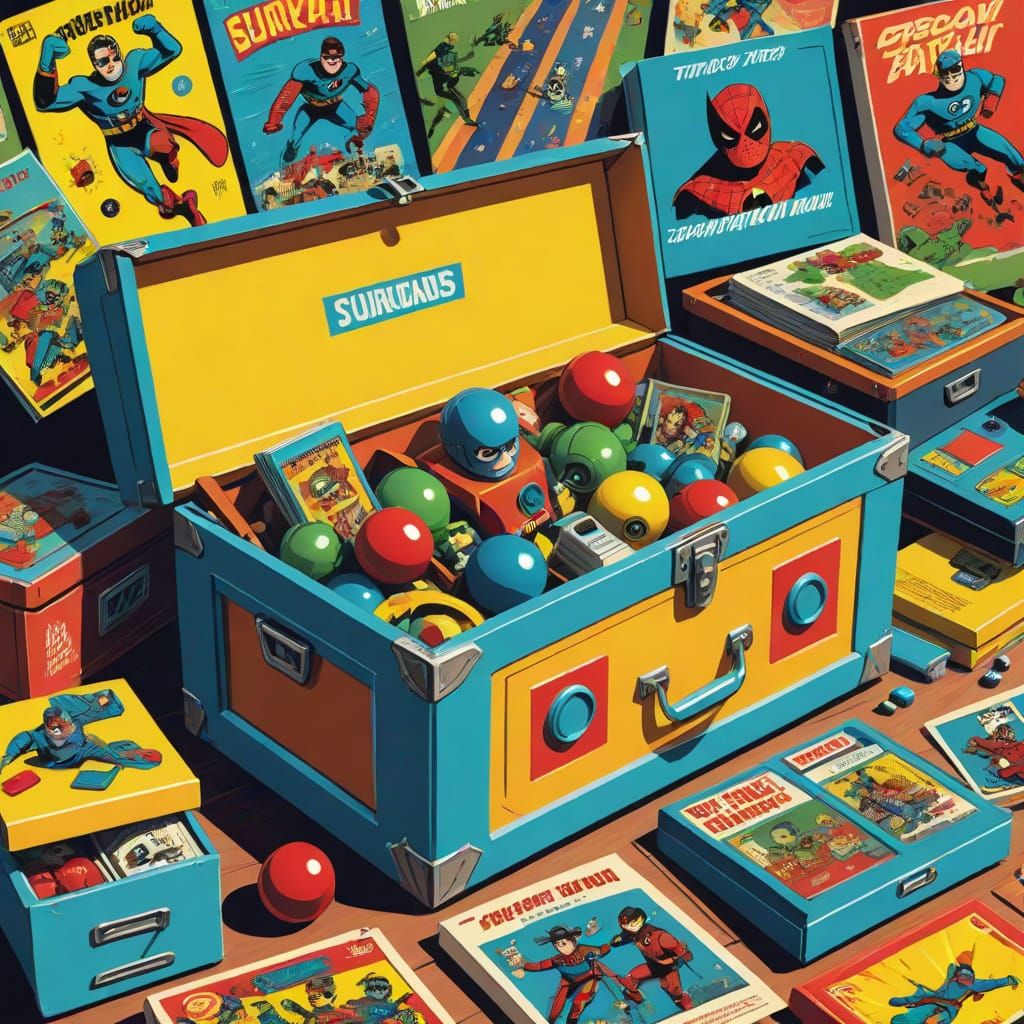 Vibrant Retro Toy Box Art in Graphic Novel Style