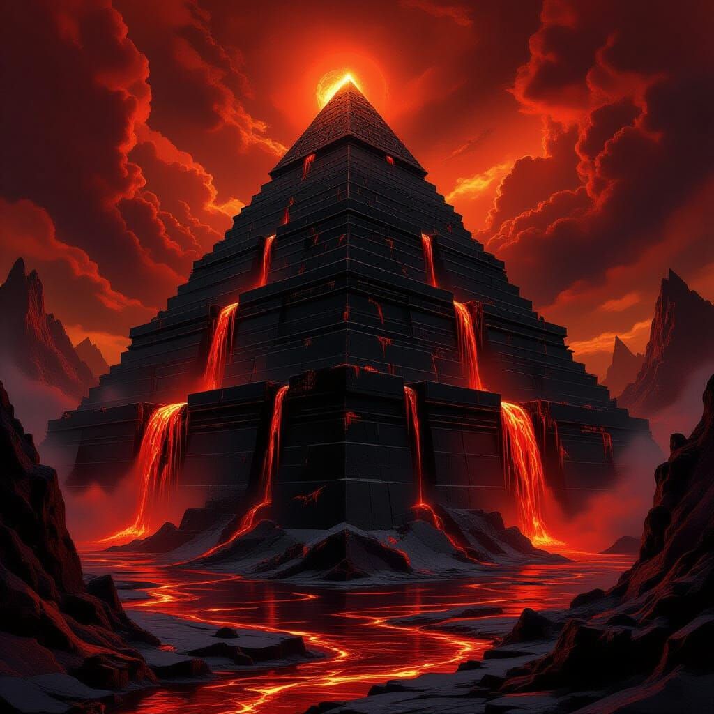 Satan's Obsidian Pyramid in Hell with Lava and Blood