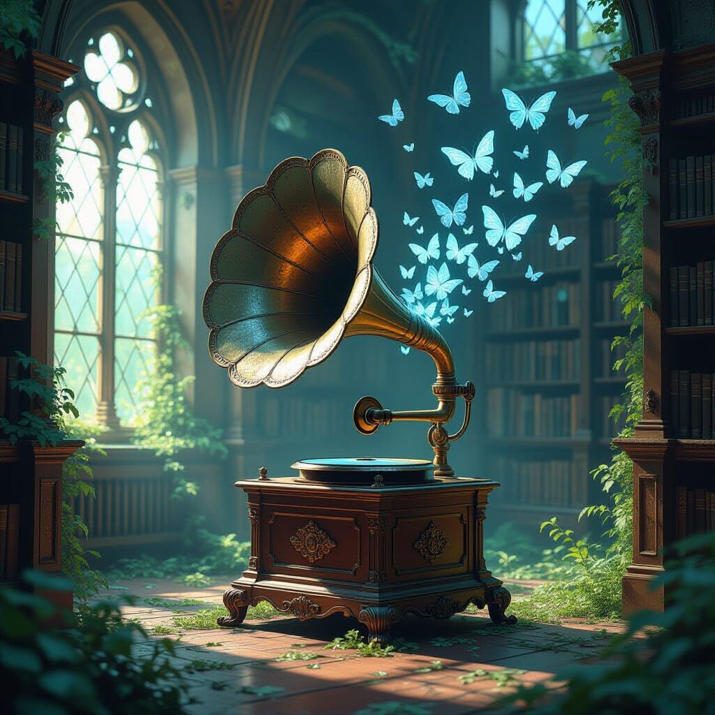 Giant Gramophone Plays Ethereal Butterfly Music in Dark Fant...