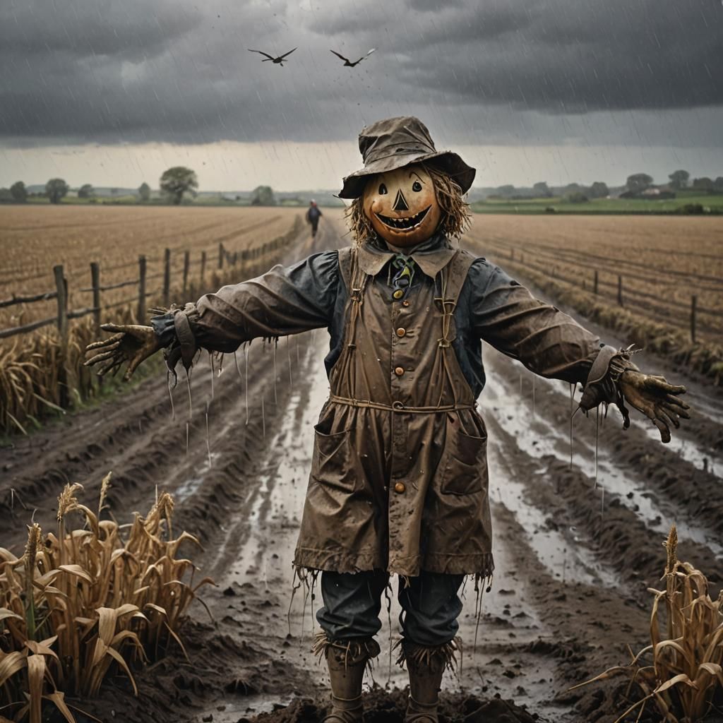 Rainy Day Scarecrow in Windswept Field