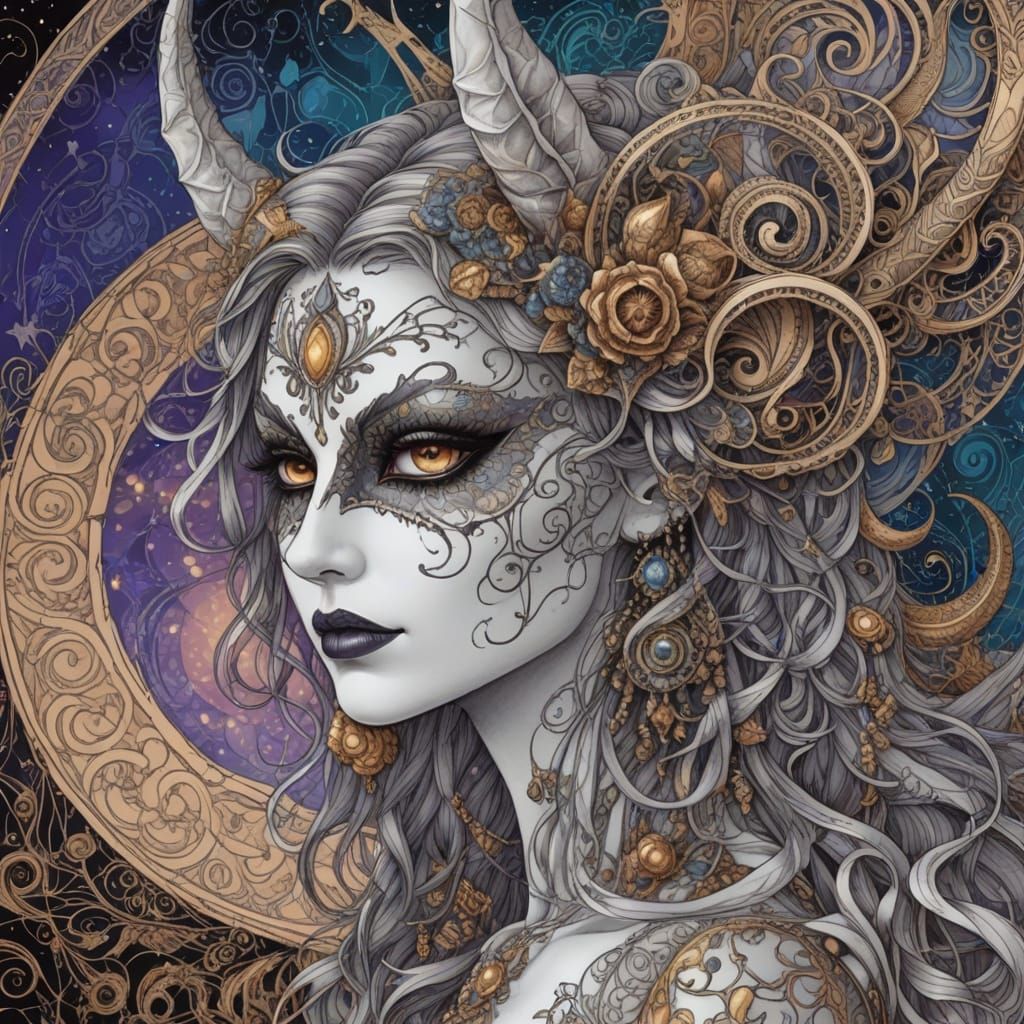 Psychedelic Demon Portrait with Intricate Geometric Linework