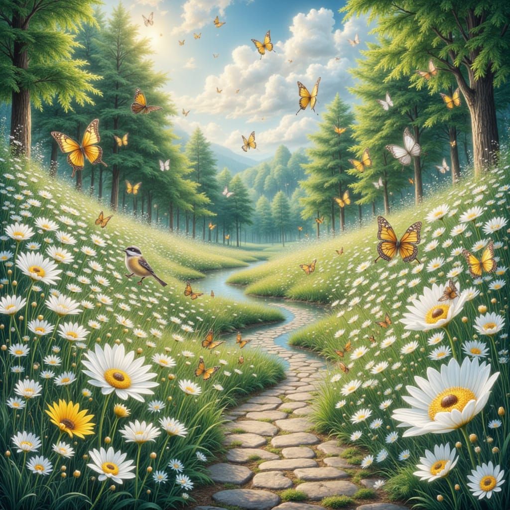 Impressionistic Garden with Daisies, Bees and Butterflies