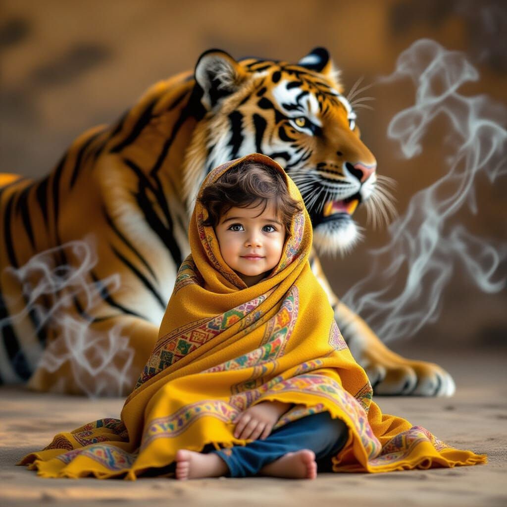 Innocent Child Embraces Curious Tiger Shadow in Smoky Haze