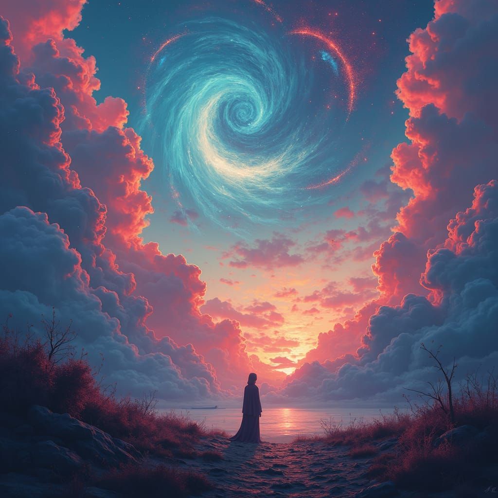 Dreamlike Figure in Swirling Clouds, Digital Painting