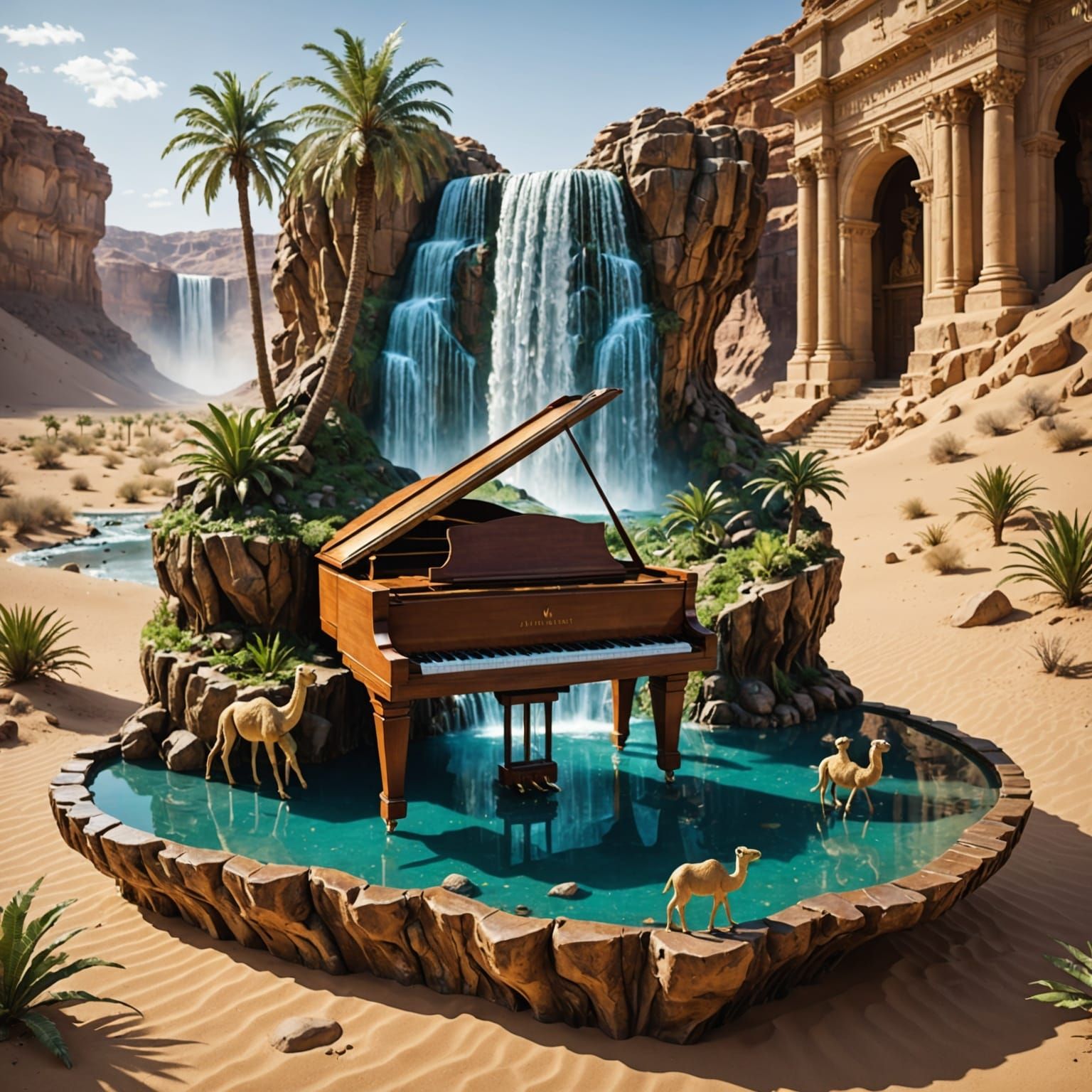 Miniature World Inside a Desert Piano with Waterfall
