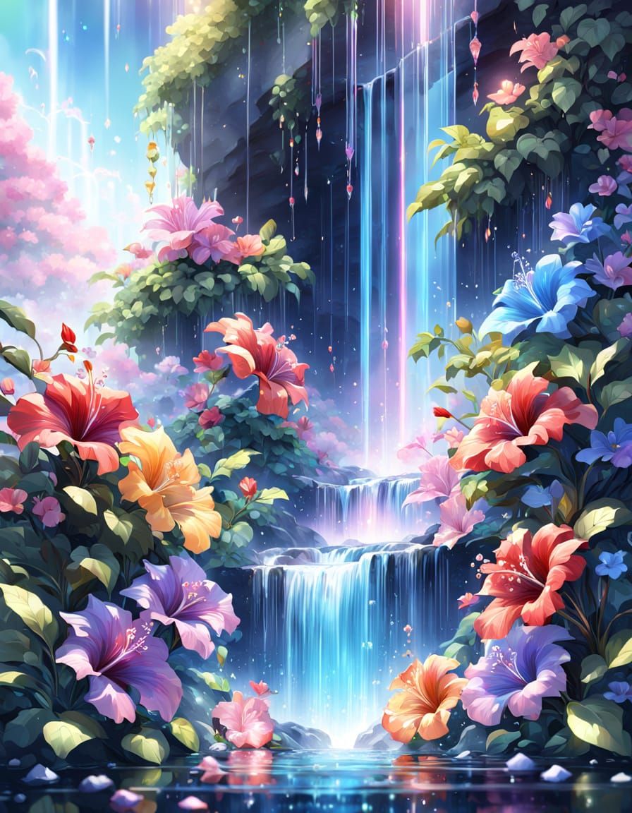 Rainbow Hibiscus Waterfall in 3D Anime Style