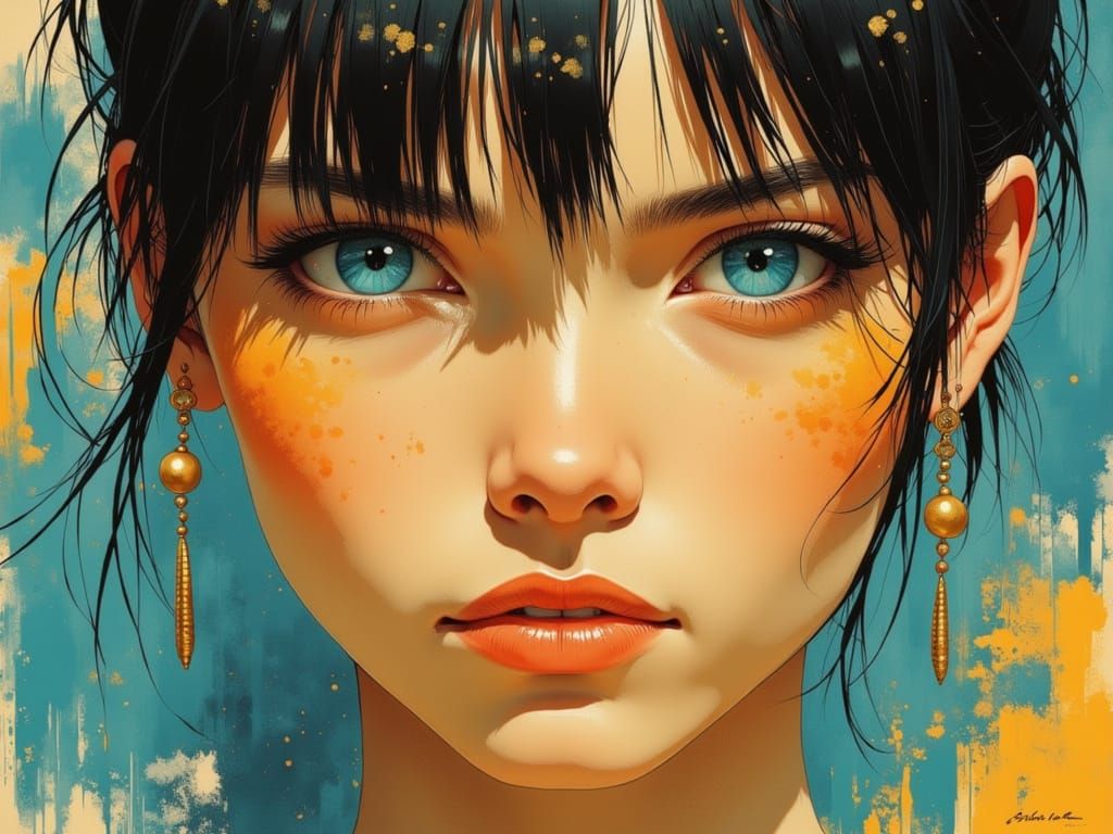 Tattooed Woman with Blue Eyes in Anime Style