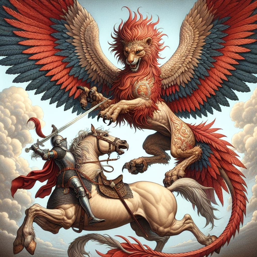 A furious red liongriffin attacks a knight on a horse, who i...