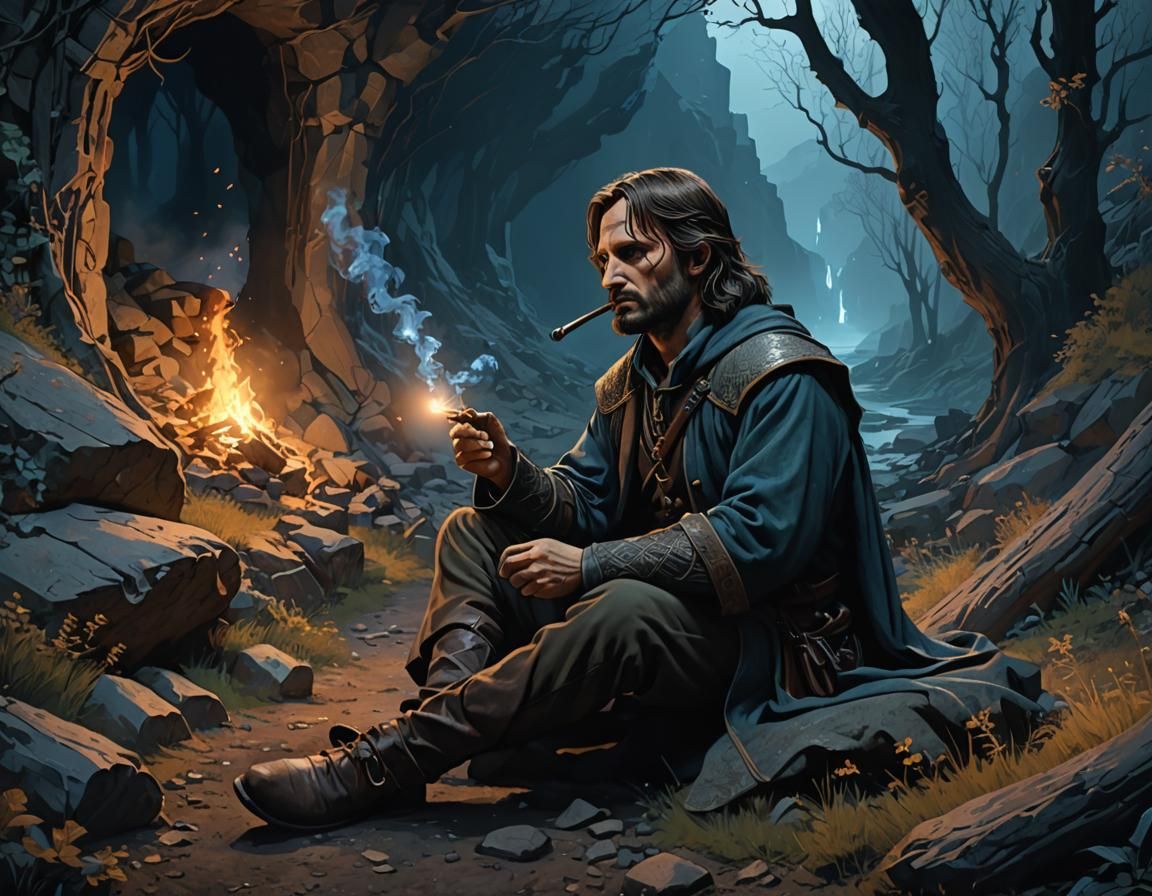 Aragorn Smoking Pipe in Forest, Alphonse Mucha Style