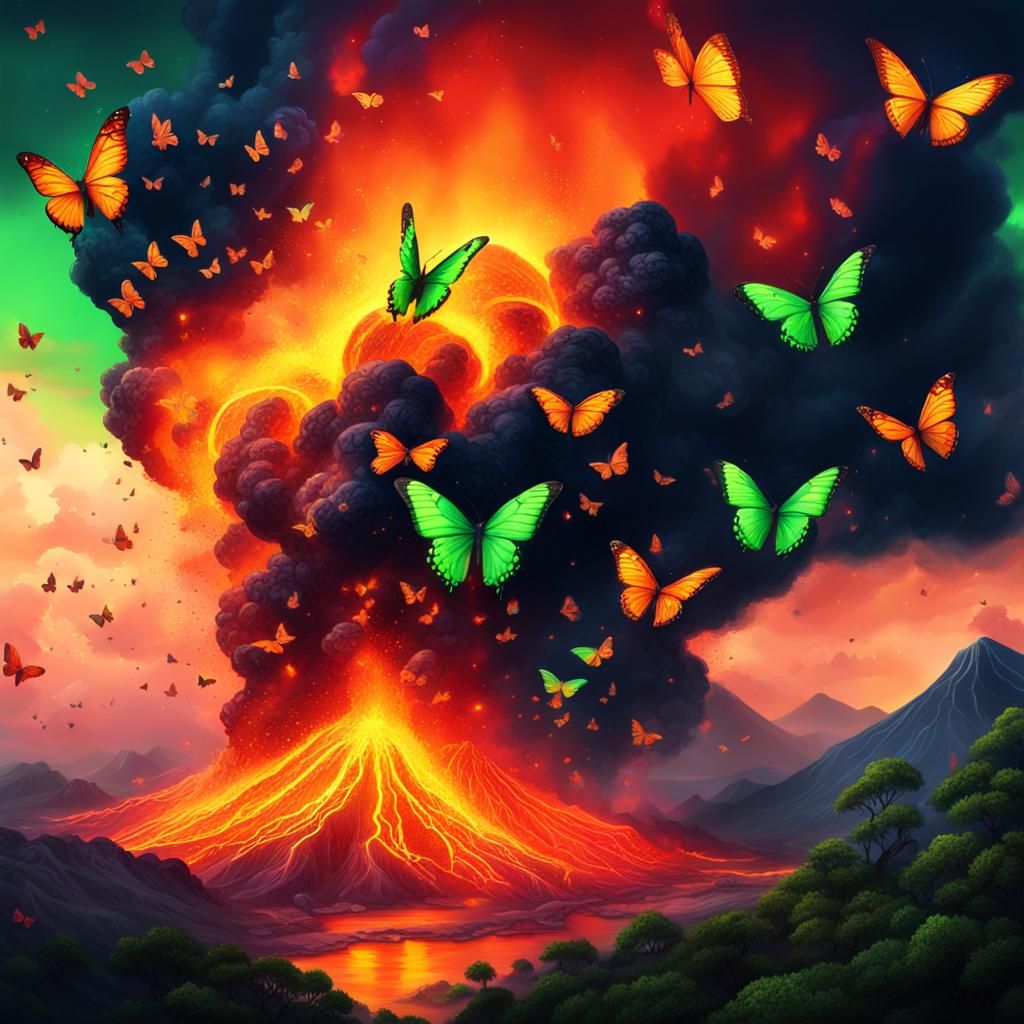 Volcanic Eruption and Neon Butterflies in Splash Art