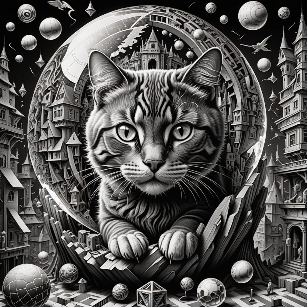 Surreal Cat Plays with Escher-Inspired Optical Illusion