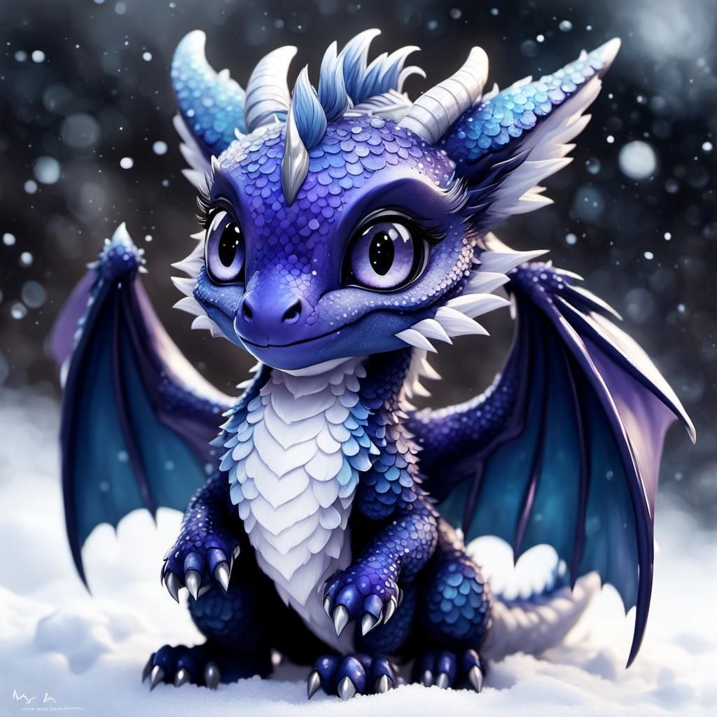 Chibi Dragon Playing in Snow, Digital Art