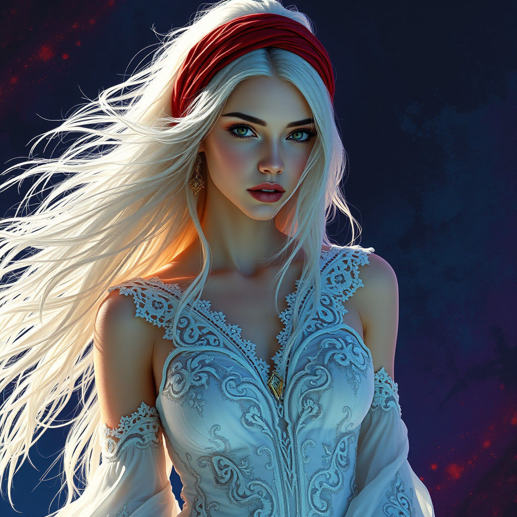 Woman with White Hair in Dreamlike Art Style
