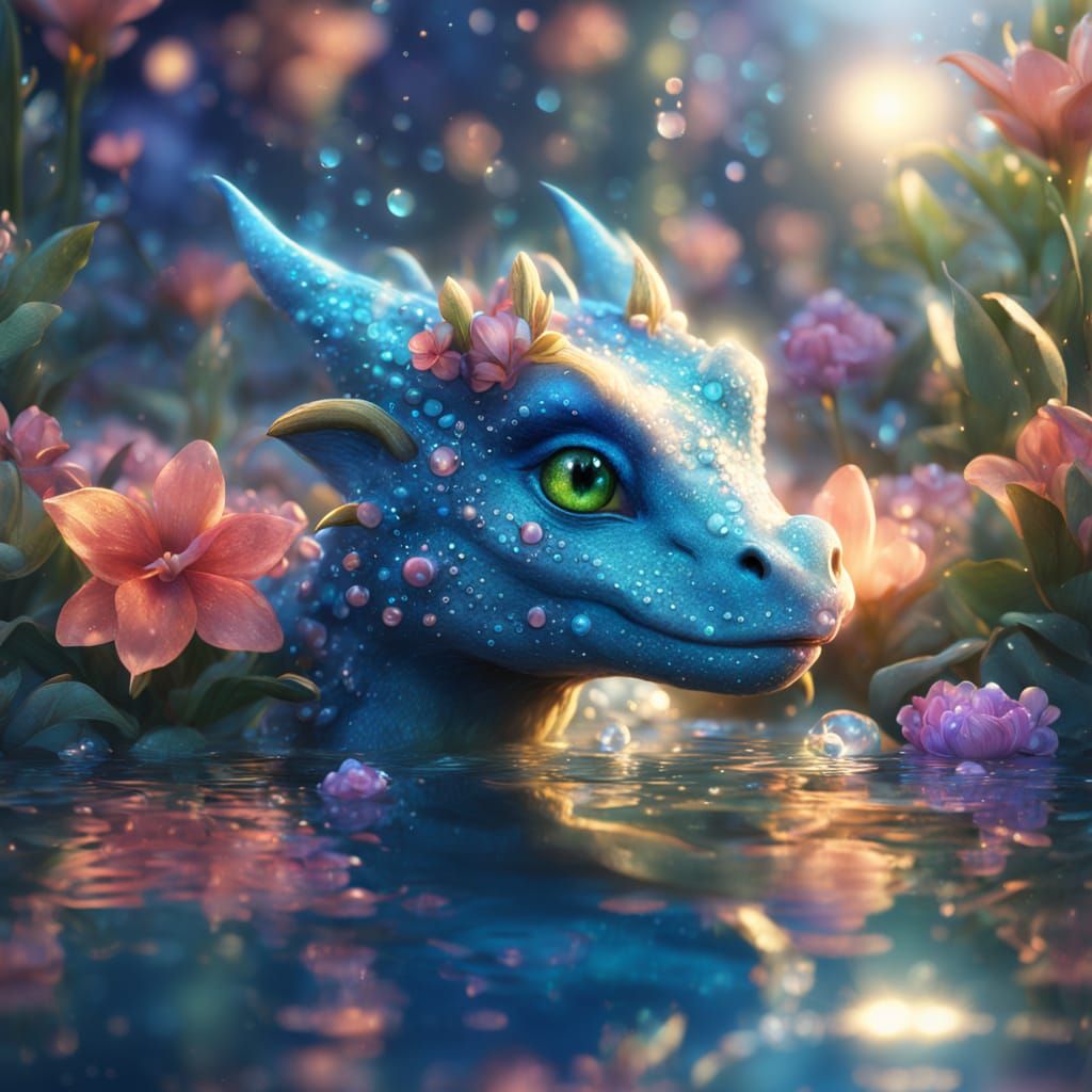 Little dragon taking a bath in a pond