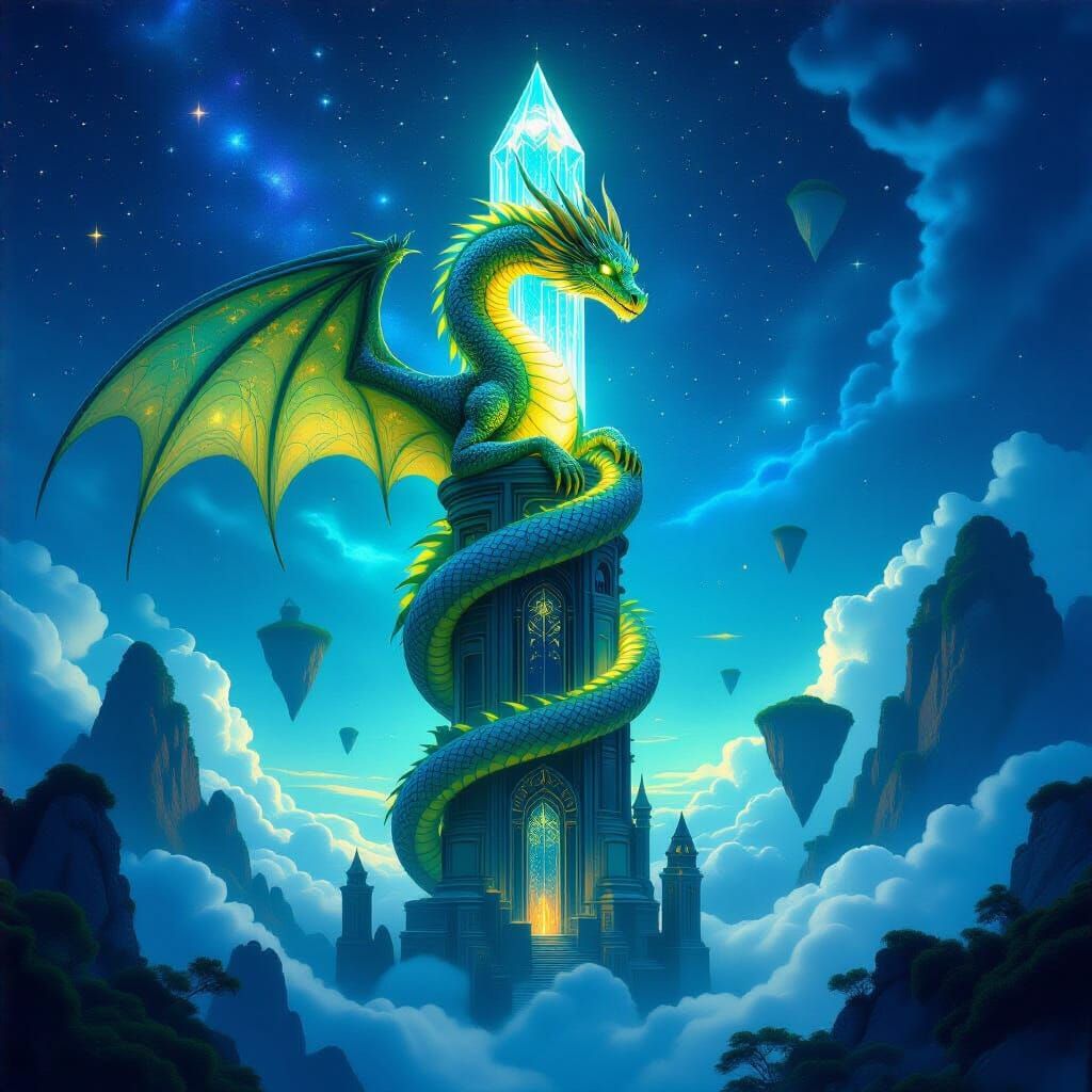 Bioluminescent Dragon Guarding Crystal Library in Art Nouvea...