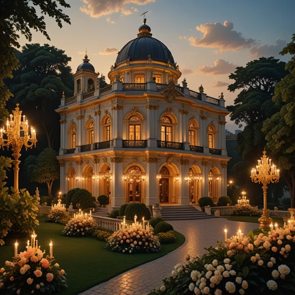 Elegant Neoclassical Villa at Sunset on a Lush Hilltop