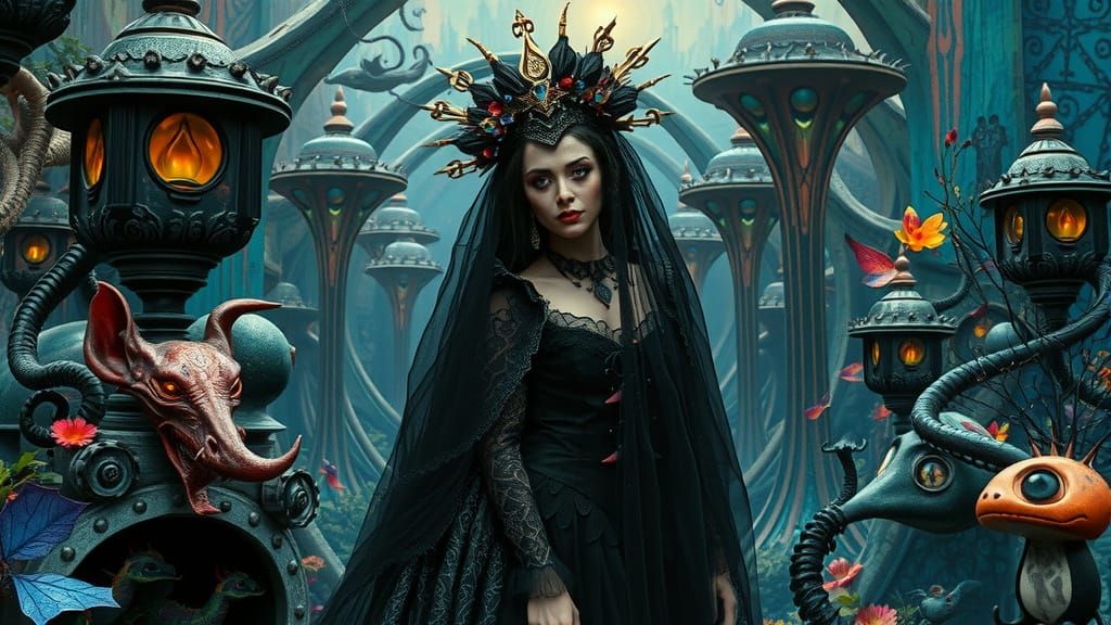Mystical Gothic Queen in Surreal Landscape