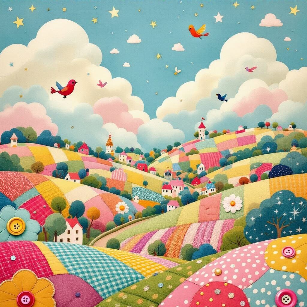 Whimsical Patchwork Landscape in Mary Blair Style