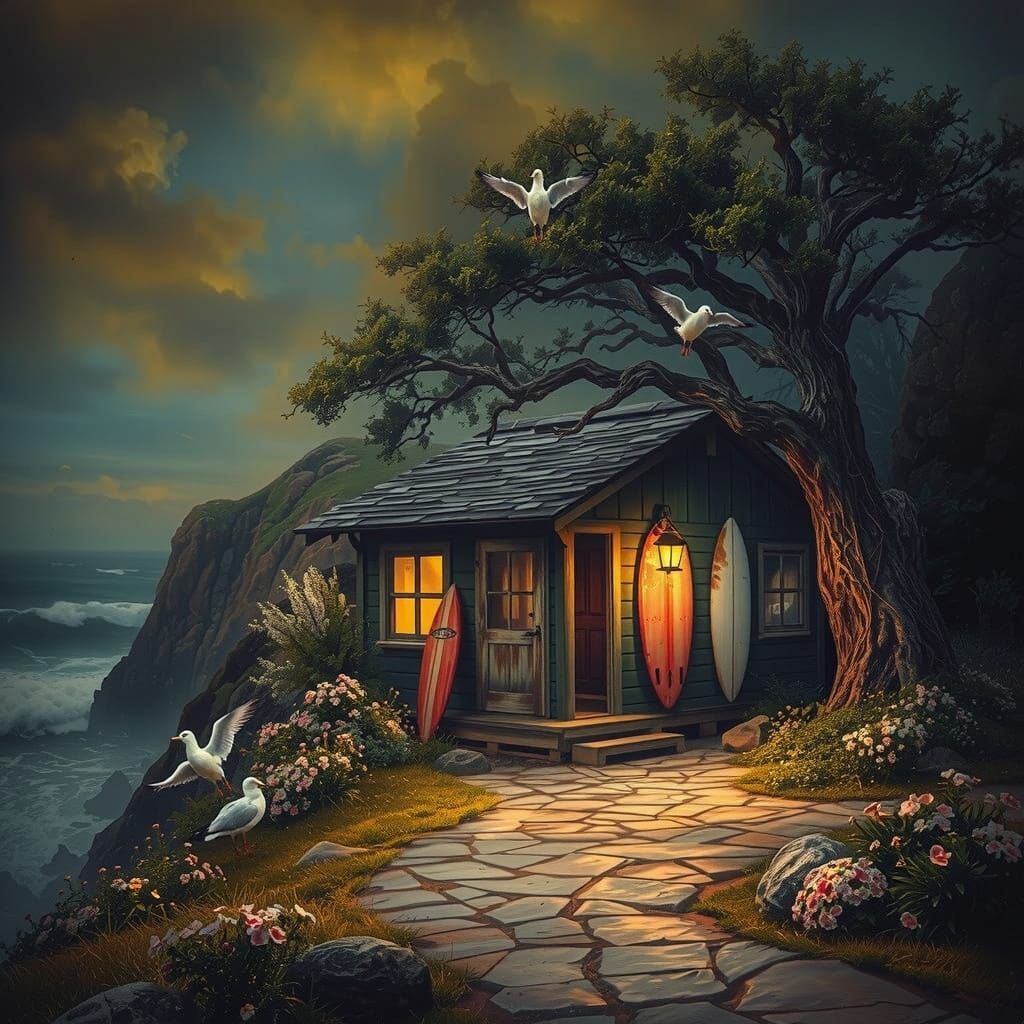 Dilapidated Surf Shack Amidst the Gnarly Oak Trees