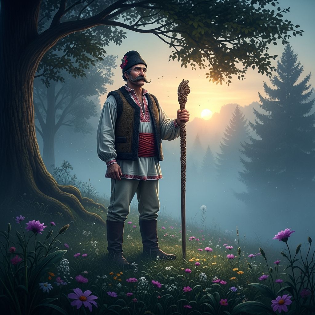 Misty Morning Hilltop: Romanian Villager with Wooden Staff