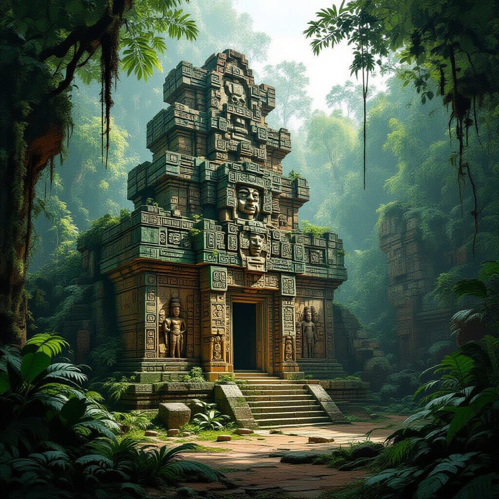 Ancient Mayan Temple in Retro-Futuristic Style