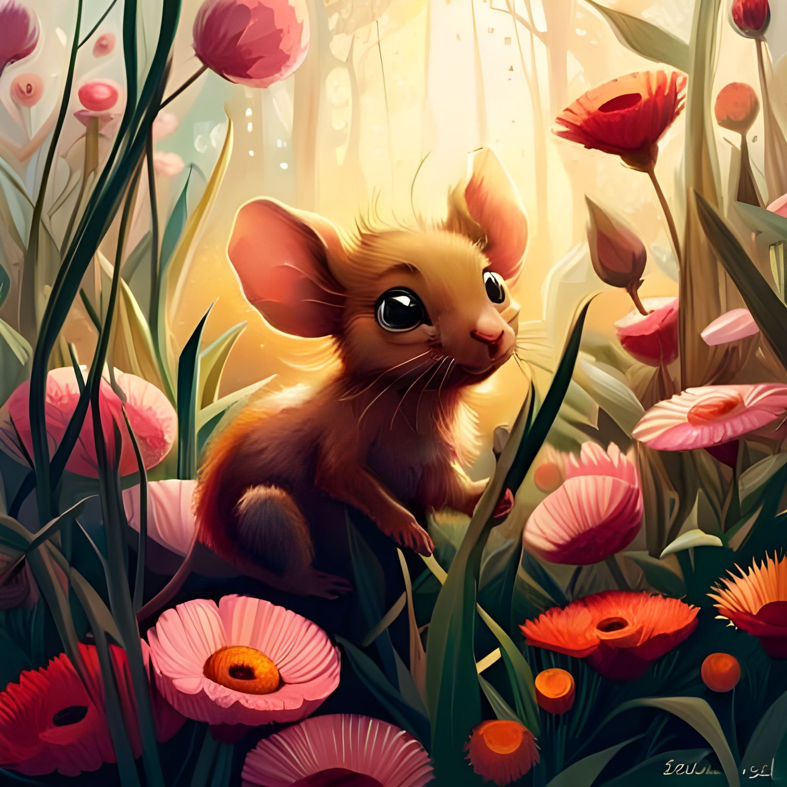 Adorable Mouse in Flower Garden, Hyperrealistic Painting