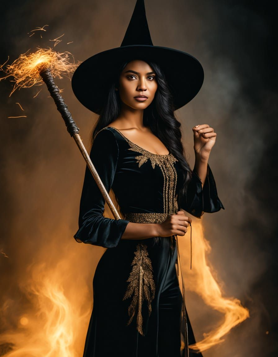 Confident Witch Trainer with Silver Staff in Oil Painting St...